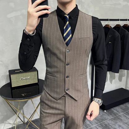 Slim Fit Double-breasted Striped Suit Vest Trousers 3-Piece Set Korean Fashion M-7XL Men's Fashionable Striped Three-piece Suit