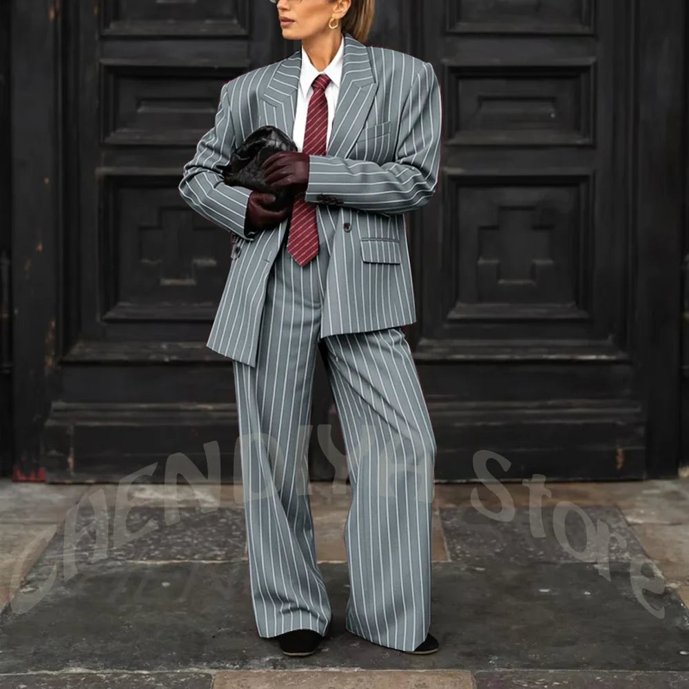Burgundy Striped Casual Women Suit Two Pieces Jacket Pants Loose Fit Peak Lapel Blazer Set Evening Party Prom Lady Outfit