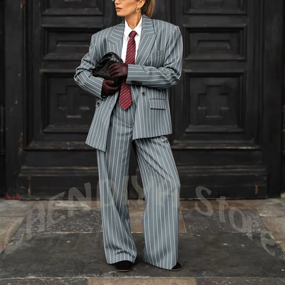 Burgundy Striped Casual Women Suit Two Pieces Jacket Pants Loose Fit Peak Lapel Blazer Set Evening Party Prom Lady Outfit
