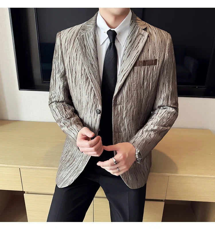Korean Trend 3D Pleated Suit Jacket for Men Wedding Groom Business Dress Jacket Casual Banquet Party Host Blazer Masculino