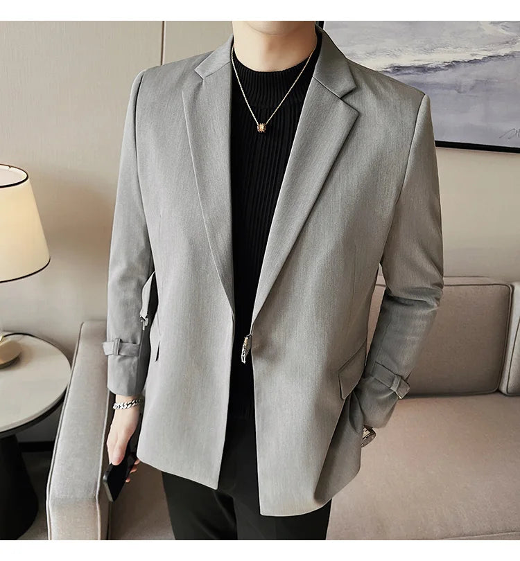 Men's Slim Fit Blazer Metal Buckle Decoration Smart Casual Wedding Party Jacket