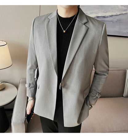 Men's Slim Fit Blazer Metal Buckle Decoration Smart Casual Wedding Party Jacket