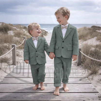 Beige Linen 2 Pieces Boys Suit Jacket Pants Kids Ring Bearer Outfit Breathable Summer Beach Wedding Birthday Party Costume