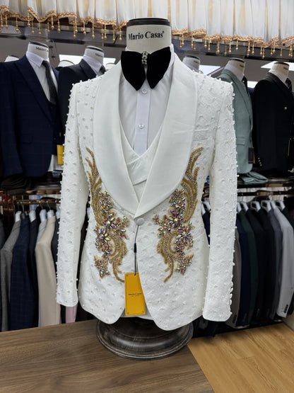 Customized Exquisite Beaded Crystal Suit Set 3 Pieces For Men Wedding Prom Wear Classy Single Breasted Men's Suits Customized