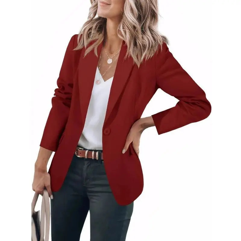 Fall 2024 Women's Casual Long Sleeve Button-Up Collar Pocket Single-Breasted Office West Suit Polyester Blend Fashion Style