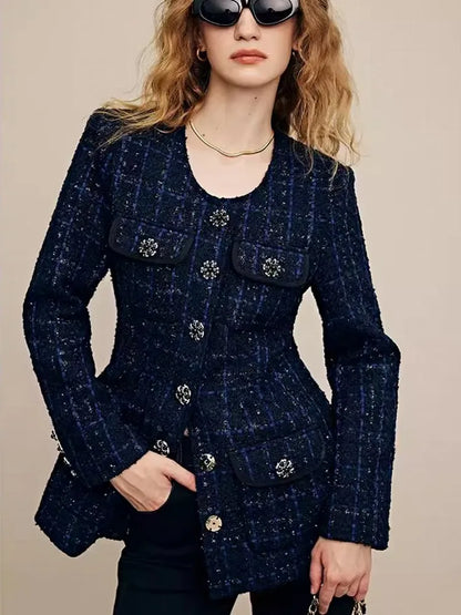 Women O Neck Single Breasted Slim Waist Tweed Jacket Mid Long Vintage Plaid Office Ladies Work Coat Twill Jackets Party Outwear