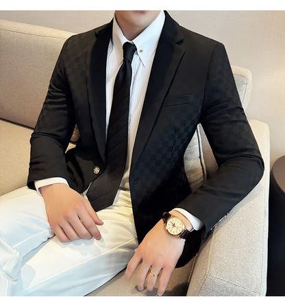 2024 Spring Plaid Blazers Men Single Breasted Casual Business Suit Jacket Fashion Slim Social Banquet Wedding Groom Dress Coats