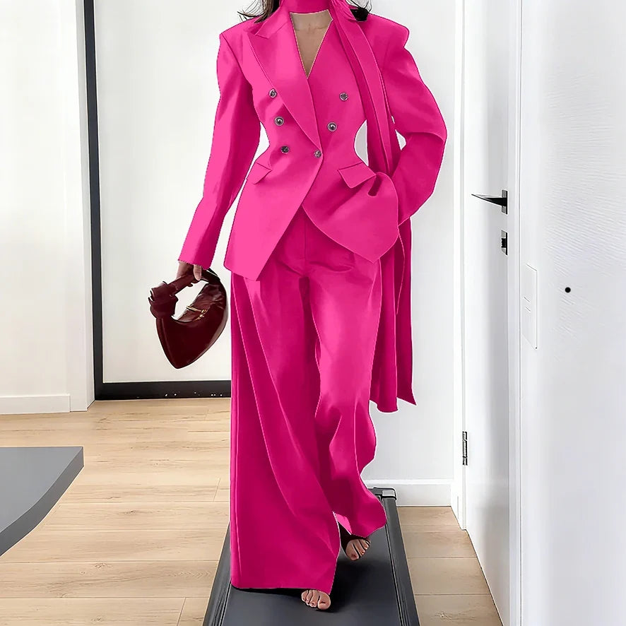 Elegant Women Double Breasted Suit Set Double Breasted Peaked Lapel Blazer+Pants Daily Slim Fit Office Evening Party Outerwears