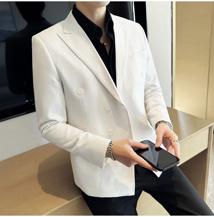 Autumn High-quality Double Breasted Slim Fit Suit Jacket Men Versatile Casual Business Blazer Wedding Social Banquet Formal Coat
