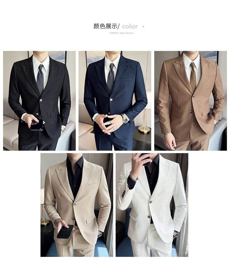 Jacket + Pants 2 Pieces Men's Elegant Fashion Slim Fit Suits Formal Business Wedding Tuxedos Casual Gentleman Solid Dress Suit