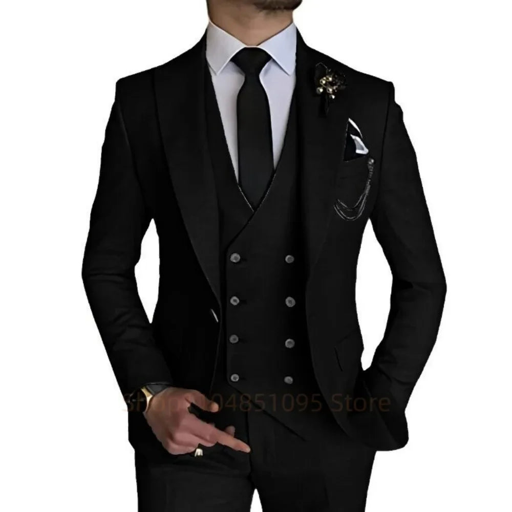 3 Piece Men's Wedding Dress Suits Slim Fit Peak Lapel Blazer+Vest+Pants Groom Tuxedos for Party Formal Suit Elegant Men Clothes