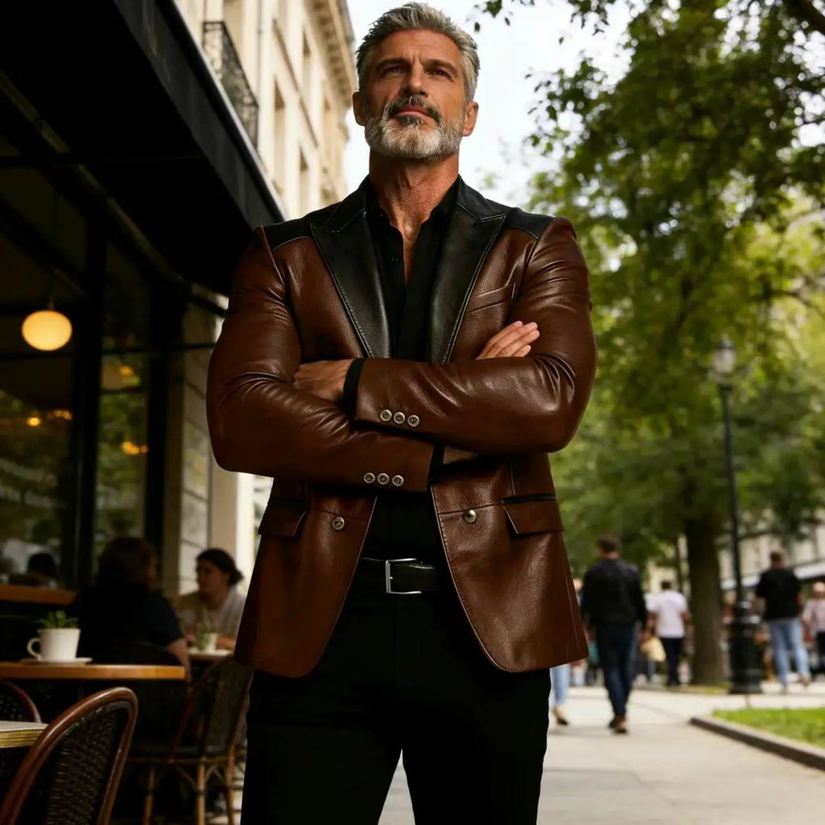 Men's PU Leather Blazer Patchwork Double Breasted Flap Pockets Notched Lapel Slim Fit Business Casual Suit Jacket Male Outerwear