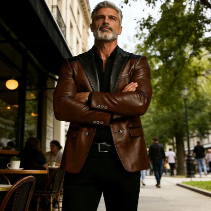 Men's PU Leather Blazer Patchwork Double Breasted Flap Pockets Notched Lapel Slim Fit Business Casual Suit Jacket Male Outerwear