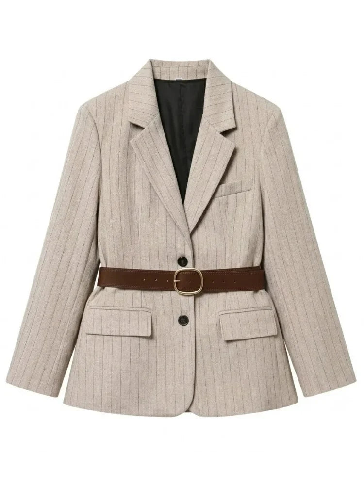 Women's Belted Stripe Blazer Jacket Structured Slim Suit Coat  Office Chic Long Sleeve Tailored Waist Belt Jacket Women