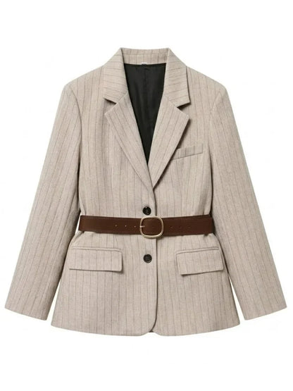 Women's Belted Stripe Blazer Jacket Structured Slim Suit Coat  Office Chic Long Sleeve Tailored Waist Belt Jacket Women