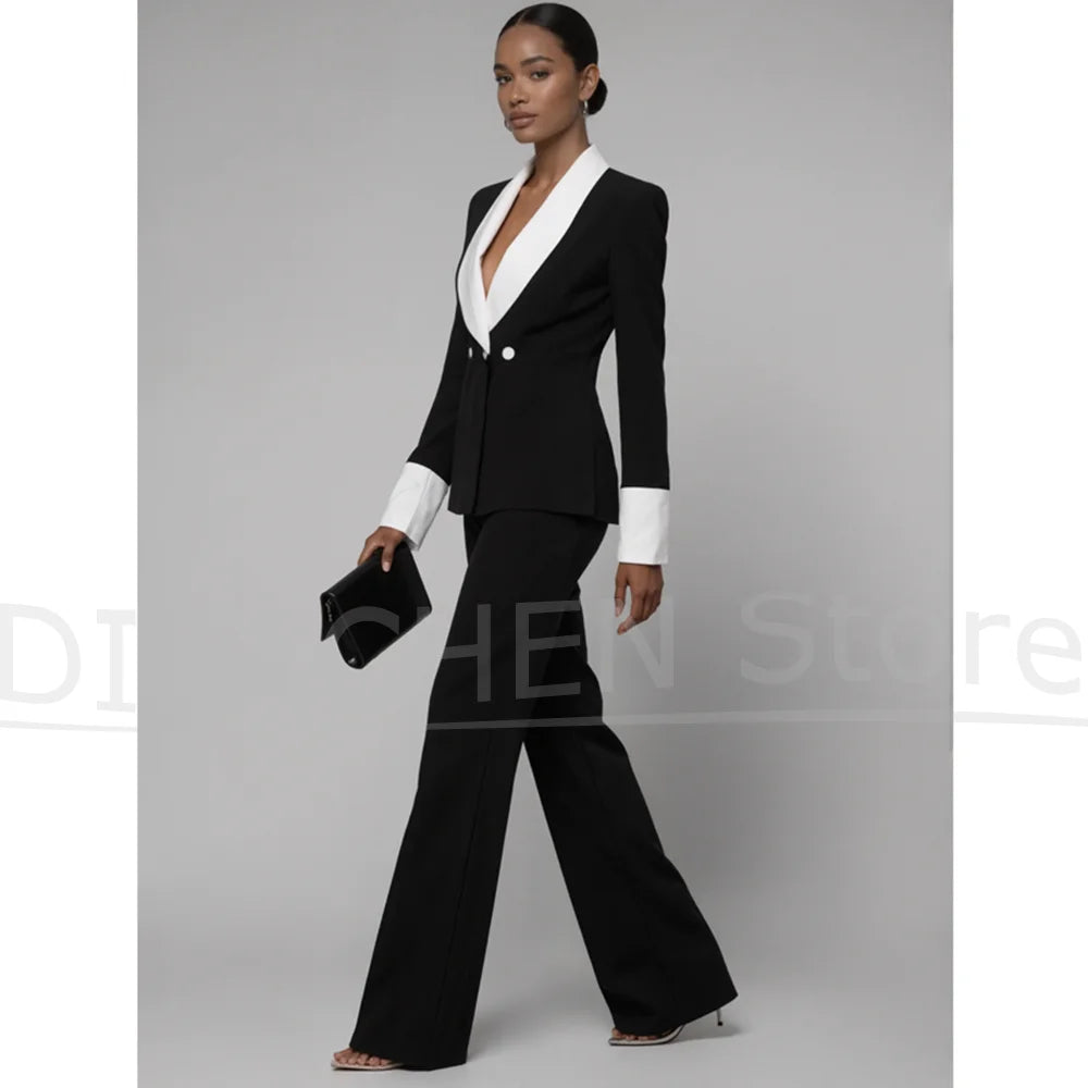Chic Women's Suit Set Fashion Shawl Lapel Double Breasted Outfit Elegant Prom Party Wedding Formal Pants Sets Two Piece