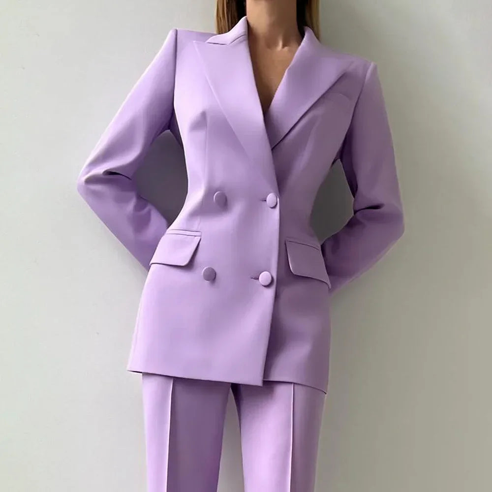 Women 2 Piece Suits Sets Elegant Peak Lapel Double Breasted Outfits Daily Casual Chic Female Suit (Jacket+Pants) Customized