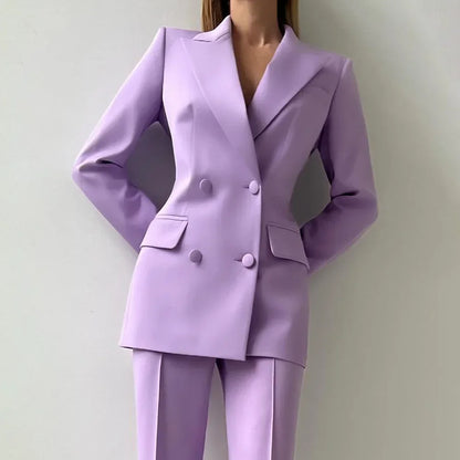 Women 2 Piece Suits Sets Elegant Peak Lapel Double Breasted Outfits Daily Casual Chic Female Suit (Jacket+Pants) Customized