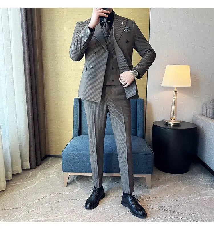 Korean Slim Fitt Wedding Suit Fashion Striped Double Breasted Suit 3 Piece Set Business Formal Casual Party Prom Host Suits