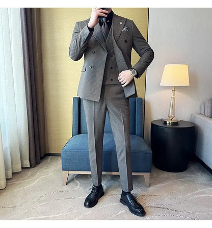 Korean Slim Fitt Wedding Suit Fashion Striped Double Breasted Suit 3 Piece Set Business Formal Casual Party Prom Host Suits