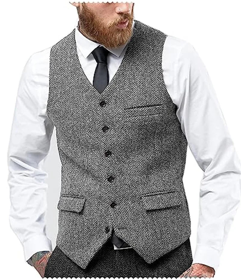 Men's Herringbone Waistcoat Single Breasted Slim Fit Suit Vest for Wedding & Formal Occasions