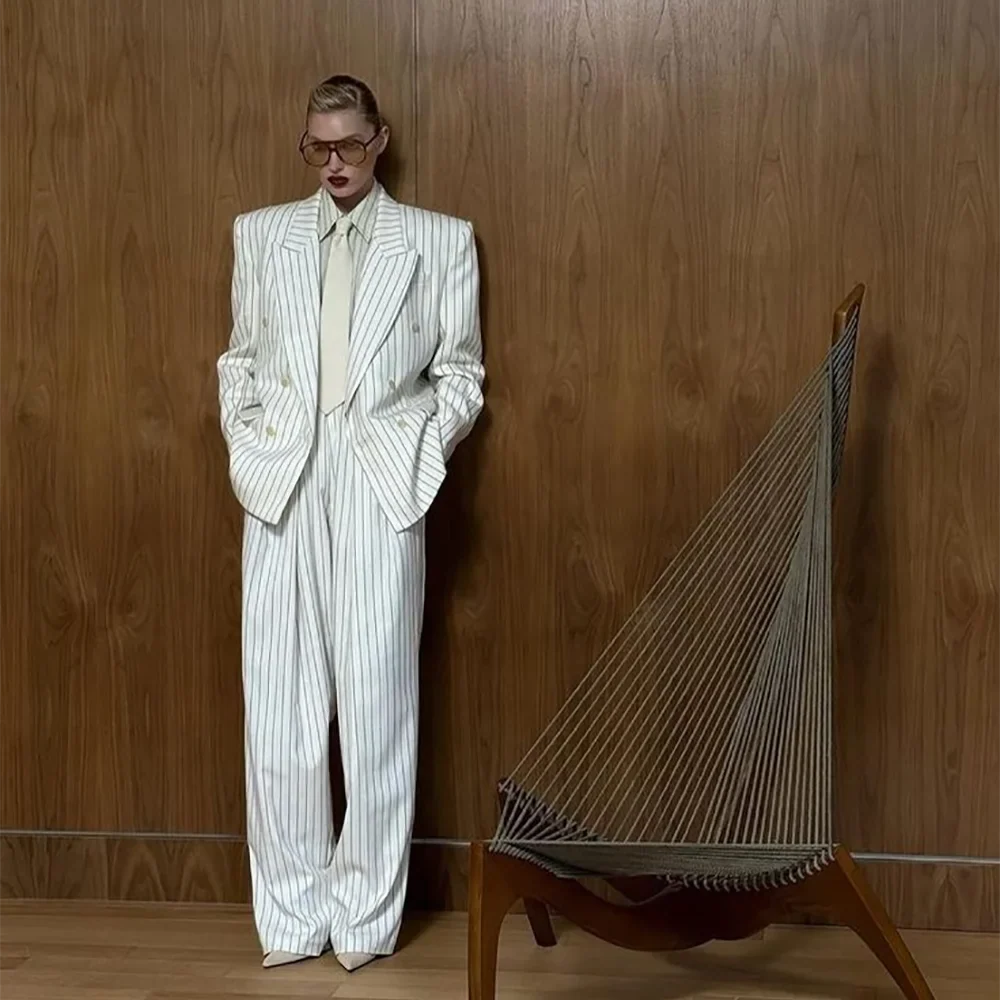 Classic Design White Stripe Suit For Women Formal Peak Lapel Double Breasted Oversized Blazer Pants Casual Two Piece Set