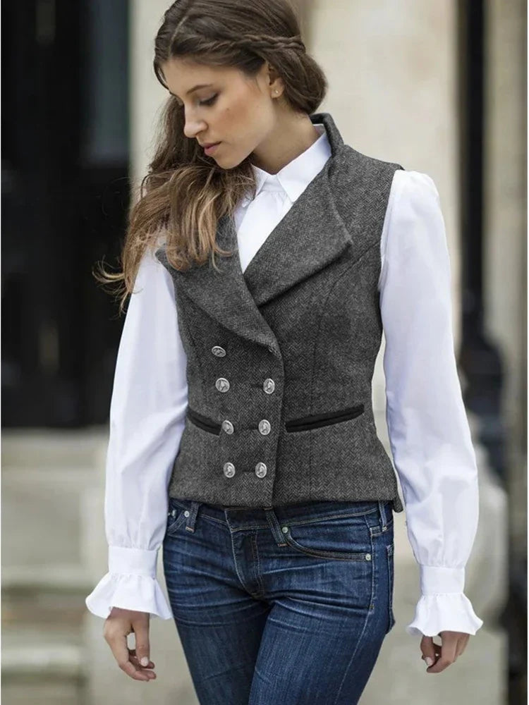 Women's Vest Double Breasted Herringbone Slim Fit Sleeveless Jacket for Casual & Work
