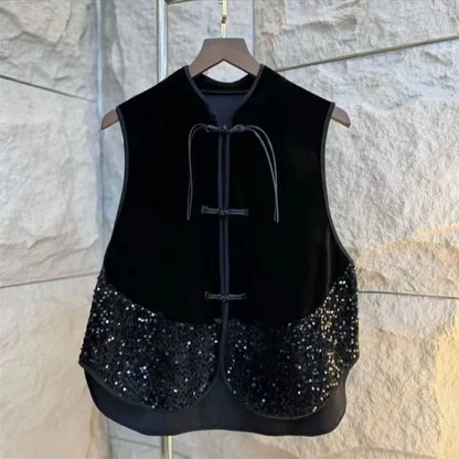 Retro Female New Patchwork Waistcoat Tops Spring Autumn Women High-end Vest Coat Ladies Fashion Casual Velvet Sleeveless Jacket