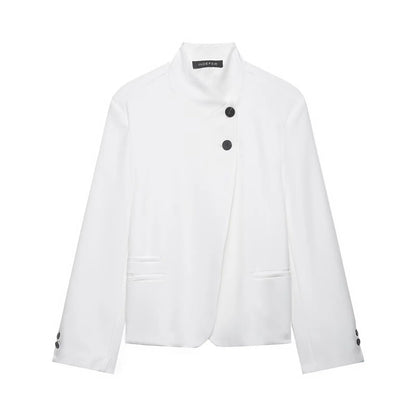 Elegant Women Solid Blazer Coat Spring Autumn Turtleneck Long Sleeve Single Breasted Straight Blazer Female Chic Suit Jacket