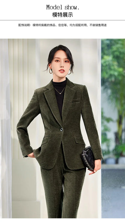2024 Autumn New Corduroy Elegant Pant Suit Ladies Formal Business Work Wear 2 Piece Set Green Wine Jacket Blazer And Trouser
