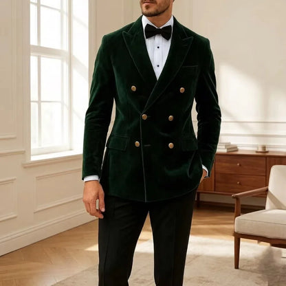 Men's Velvet Blazer Double Breasted Slim Fit with Gold Buttons for Wedding & Formal Occasions