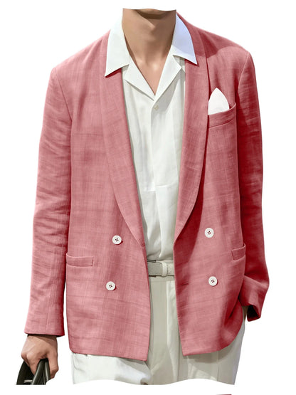 Summer Cotton Linen Blend Men Blazer Double Breasted Casual Suit Jacket Lightweight Soft Elegant Dress Coat For Prom Work Party