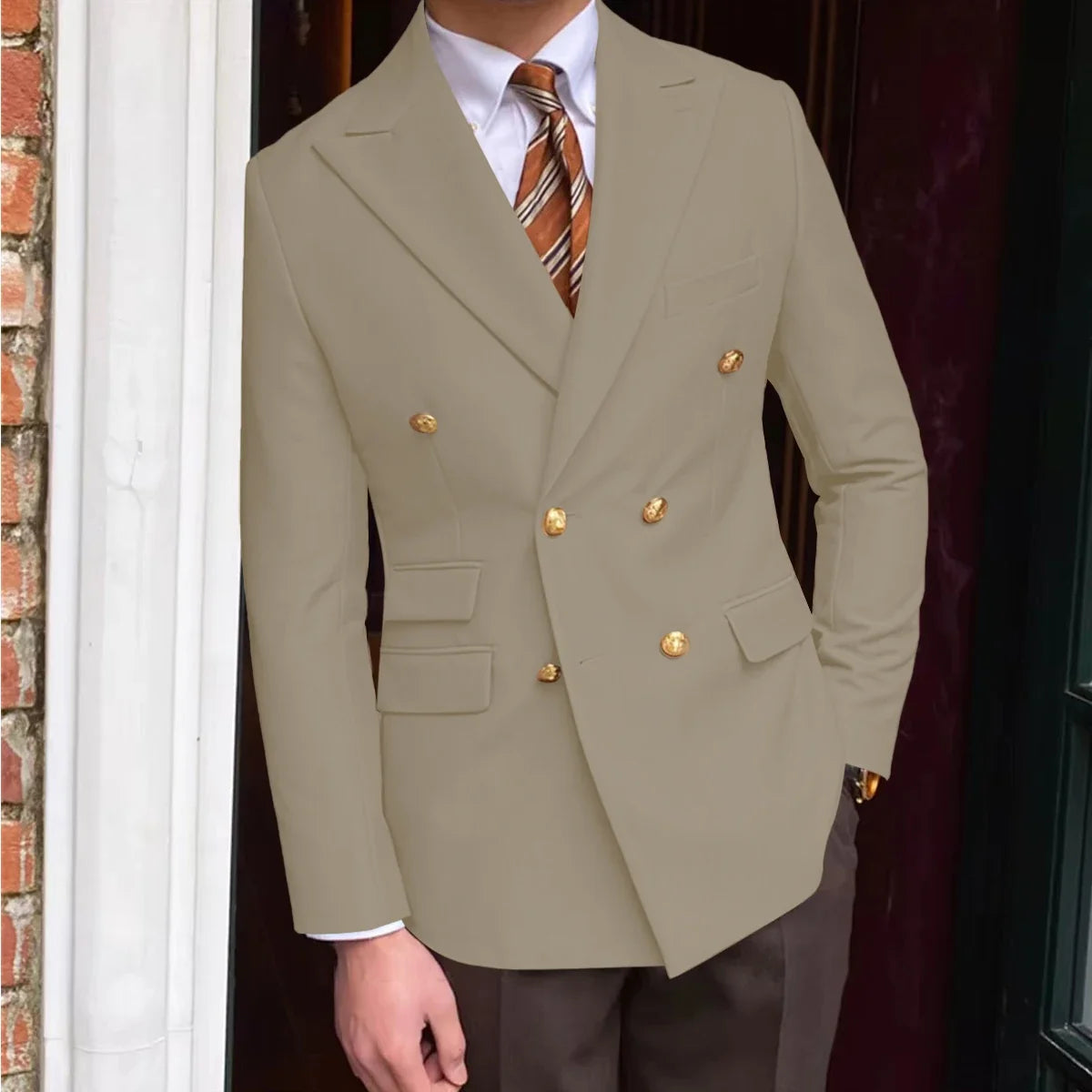Men's Brown Serge Blazer Double Breasted Peak Lapel Gold Button Slim Fit British Style Fashion Suit Jacket Formal Business Casua