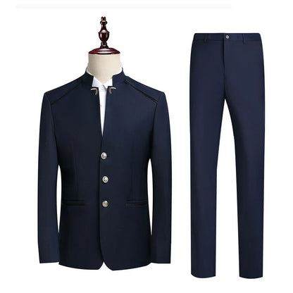 Men's Single-Breasted Slim Suit Two-Piece Set – Chinese-Style Stand-Up Collar – Smart Casual