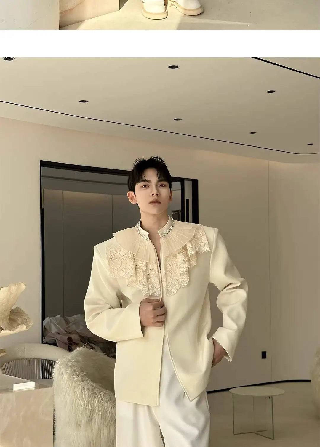 2026 New Personalized Lace Patchwork Stand Collar Diamond-Embellished Blazer Coat Men Fashion Luxury Casual Jacket JY6215