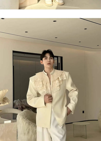 2026 New Personalized Lace Patchwork Stand Collar Diamond-Embellished Blazer Coat Men Fashion Luxury Casual Jacket JY6215