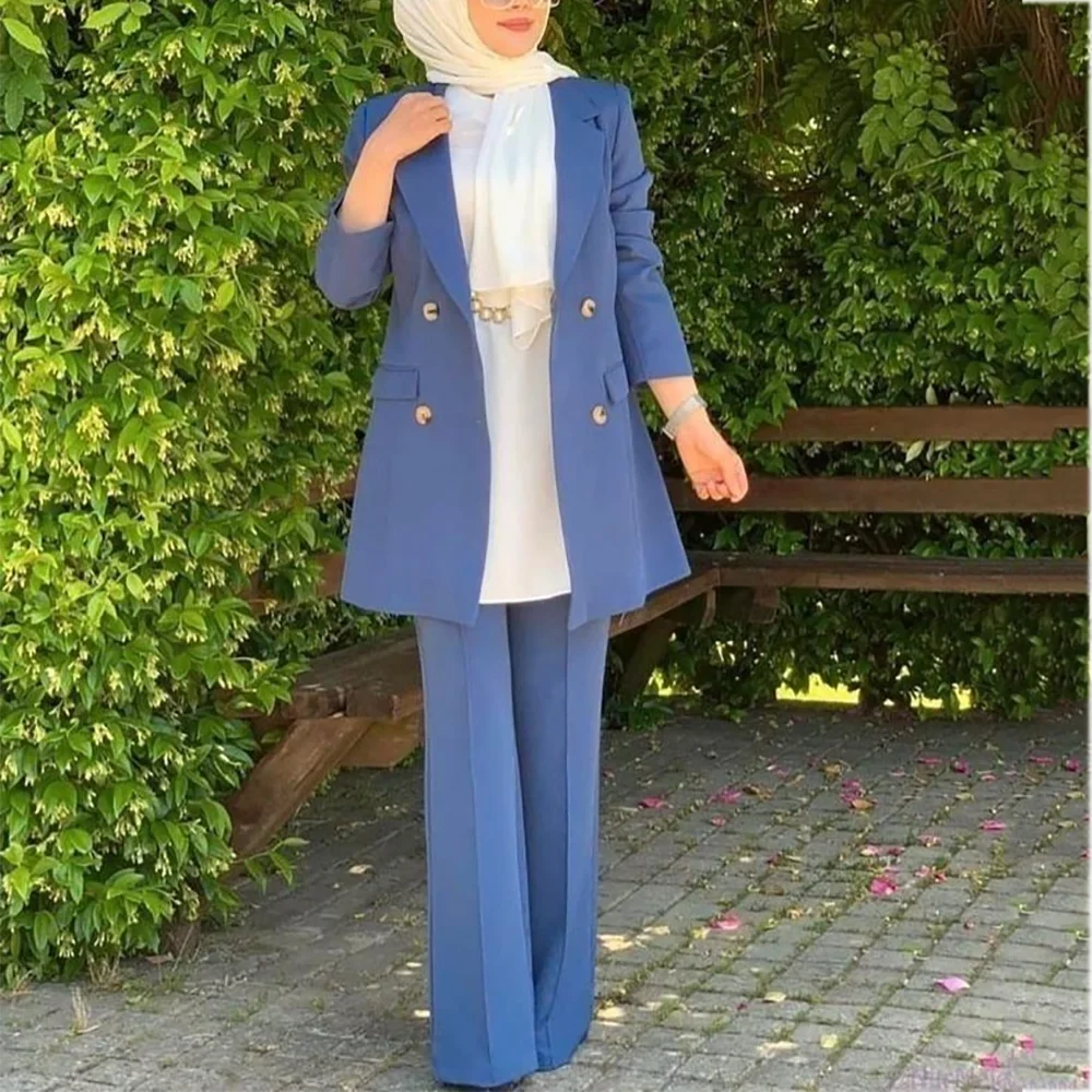 Women Suit Two Pieces Elegant Notch Lapel Blazer Set Straight Double Breasted Casual Chic Two Pieces(Jacket+Pants) Daily Wear