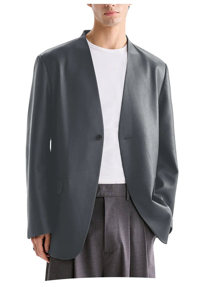 Men's PU Leather Collarless Blazer Single Button Loose Fit Jacket for Wedding Party Office