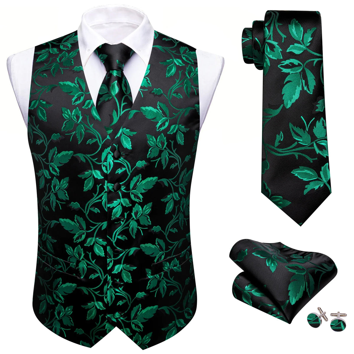 Vest Men Formal Green Floral Dobby Waistcoat Wedding Party Suit Set