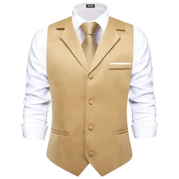 Men's Lapel Waistcoat with Necktie Pocket Square and Cufflinks – Formal Vest Set for Wedding and Business