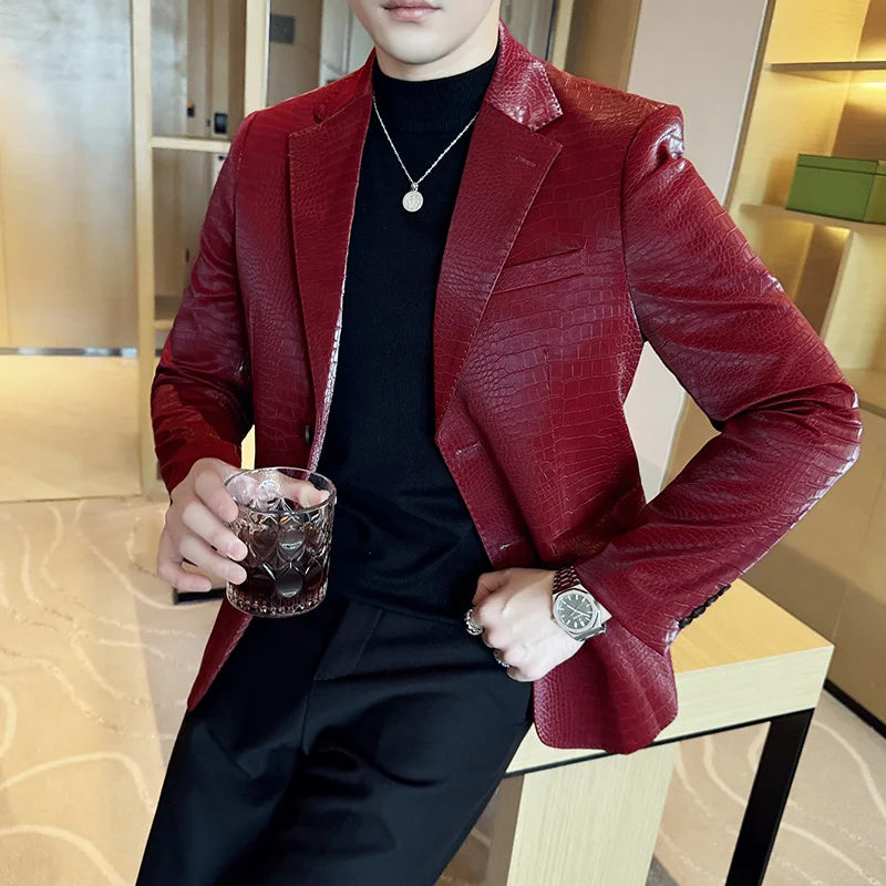 2026 Crocodile Patterned Leather Suit Jacket Men Slim Fit Business Casual Leather Jacket Wedding Groom Party Work Men Blazers