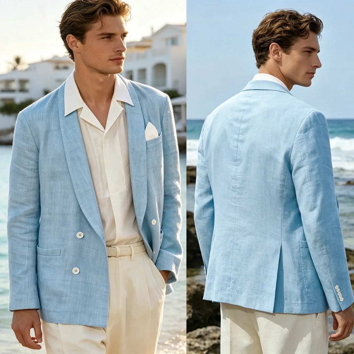 Summer Cotton Linen Blend Men Blazer Double Breasted Casual Suit Jacket Lightweight Soft Elegant Dress Coat For Prom Work Party