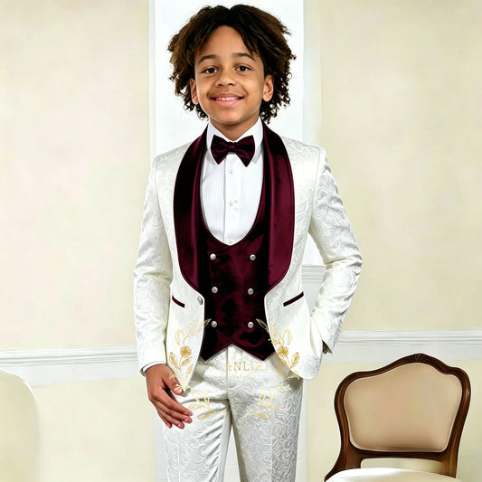 White Floral Flower Boys Suit Wedding Jacket Pants Vest Kids Three-Piece Set Child Clothes costume enfant garçon mariage