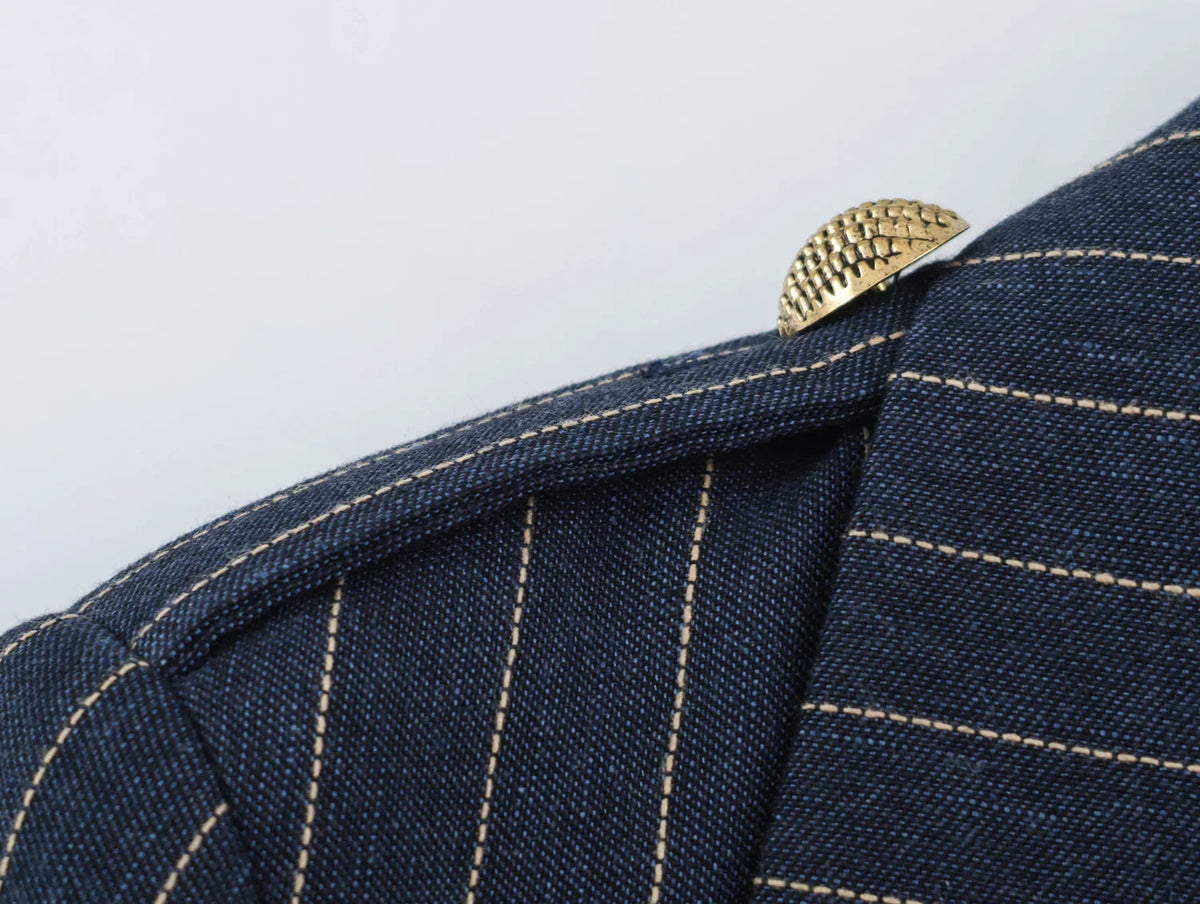 2026 Fashion Women's  Navy Pinstripe Blazer Autumn Elegant Female Long Sleeves Button Military Style Slim Suit Jacket