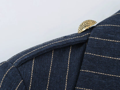 2026 Fashion Women's  Navy Pinstripe Blazer Autumn Elegant Female Long Sleeves Button Military Style Slim Suit Jacket