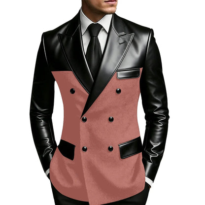 Men's Double Breasted Suit Blazer with Leather Patchwork for Weddings and Formal Events