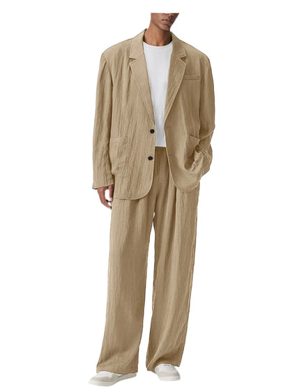 Men's Linen Blend Wrinkled Two Piece Suit Loose Two Button Blazer Wide Leg Trousers Casual Vacation Daily Soft Breathable Outfit