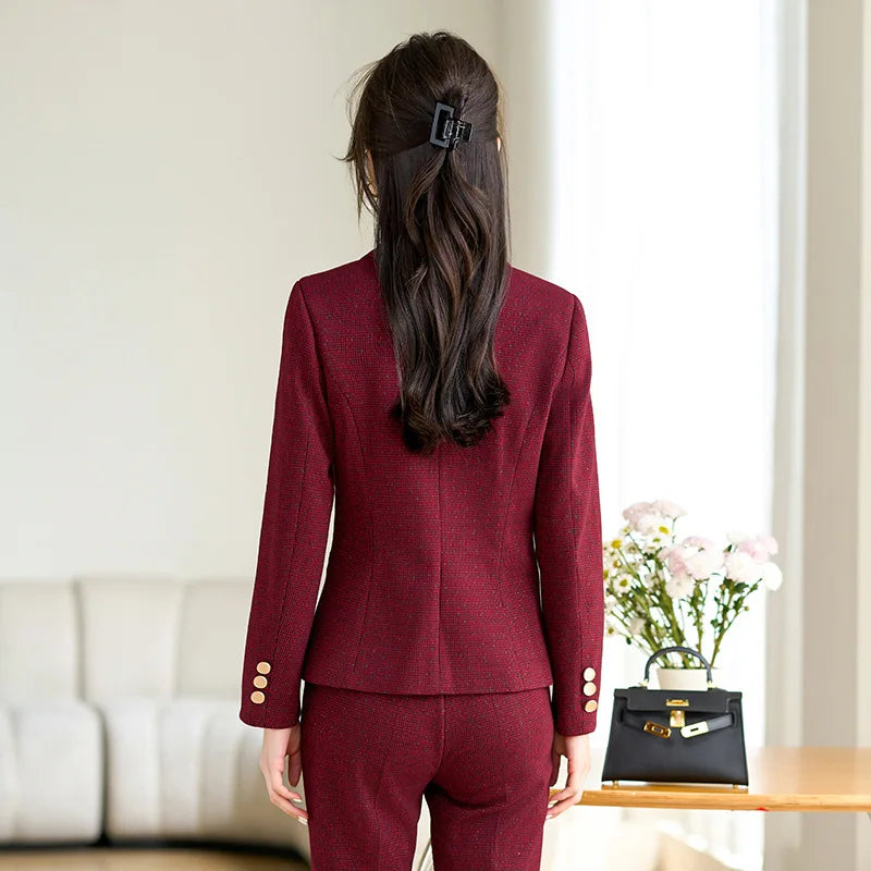 2024 Autumn Winter New Retro Plaid Woolen Blazer Coat And High Waist Flare Pant Two Piece Set Women's Suit Business Clothing