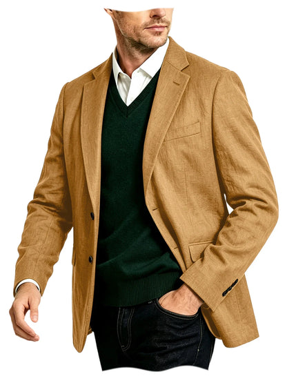 Men's Linen Blazer Notch Lapel Two-Button Sport Coat for Wedding and Daily Wear