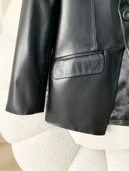 High Quality Women Single Breasted Genuine Leather Suit Jacket Fashion Office Lady Lapel Collar Slim Fit Sheepskin Blazers